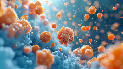 Close-up of orange lipid nanoparticles in a blue fluid, illustrating drug delivery technology at the microscopic level.
