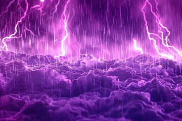 Dynamic storm clouds illuminated by intense purple lightning and rain, dramatic and moody atmosphere