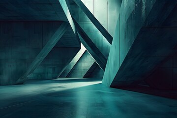 Futuristic architecture with aquamarine concrete beams intersecting at dynamic angles in dark,...