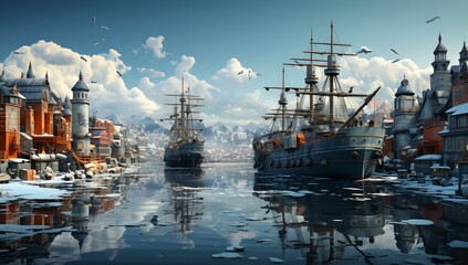 Fototapeta premium a painting of a city with ships in the water