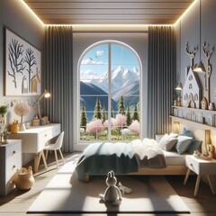 Illustration of a children's room in the style of an animated cartoon with a minimalist design and an attractive interior with windows facing the mountains in winter.