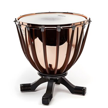 Professional timpani with polished rose gold outer shell, detailed tension rods and robust black pedestal stand