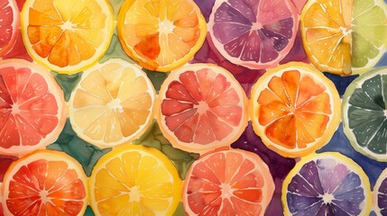 Detailed watercolor oil painting of citrus fruit halves arranged in a pattern, each segment painted with a radiant burst of color