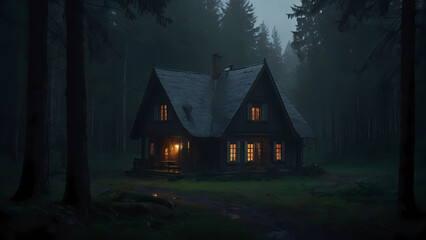 Lonely gloomy house in the forest. Rainy weather, mystical atmosphere