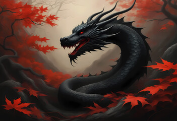 Black dragon among trees with red foliage