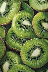 Dynamic oil painting close-up of sliced kiwis, their green flesh and black seeds contrasting with the fuzzy brown skin, offering a playful charm