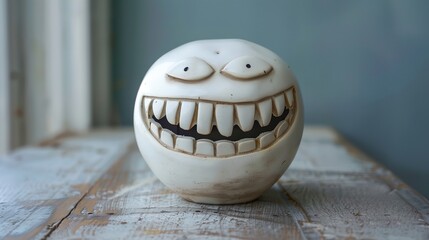 a ceramic face with teeth on a table next to a window