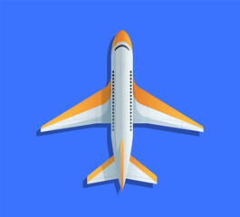 Top view of commercial airplane in flight, on a solid blue background, concept of air travel. Isolated vector illustration