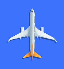 Bottom view of an airplane in flight. Flat vector illustration isolated on blue background