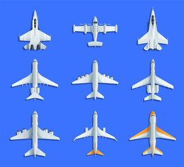 Multiple types of airplanes illustrated from various angles, vector illustration, against a blue background, aviation concept.