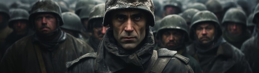 Obraz premium Soldiers in military uniform standing in the rain