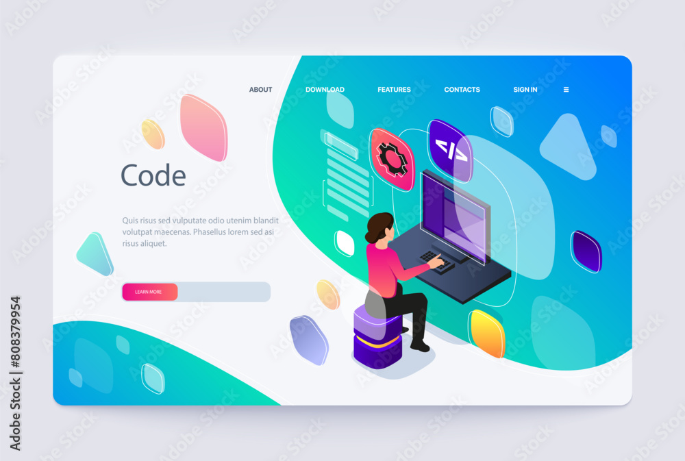 Poster a female character sitting and coding on a laptop, with abstract digital elements, vector illustrati