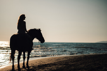 Silhouette of a young woman on horseback alongside the summer beach by the sea