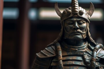 Imposing bronze warrior statue with horned helmet