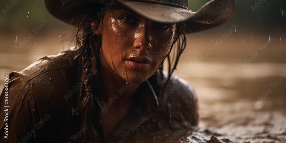 Poster Rugged cowgirl in the rain