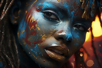 Vibrant face art with bold colors and textures