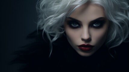 Mysterious woman with striking makeup and platinum blonde hair