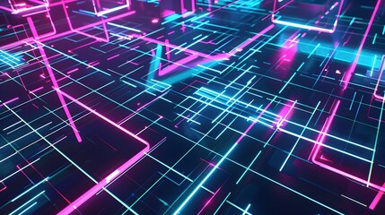 Fototapeta premium digital grid pattern with glowing neon lines and geometric shapes