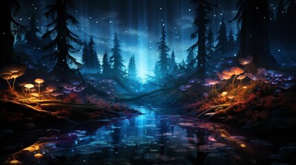 Fototapeta premium Enchanted forest landscape with glowing mushrooms and aurora borealis