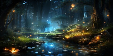 Enchanted forest landscape with glowing fireflies and flowers