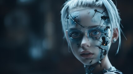Futuristic cyborg with cracked face