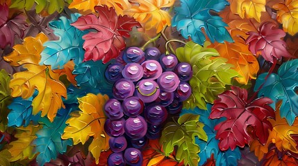 Playful oil-painted depiction of a bunch of grapes with a cute smiley face, surrounded by colorful leaves for a cheerful vibe