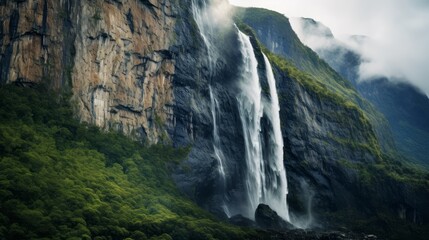 Powerful waterfall cascading down lush green cliffs
