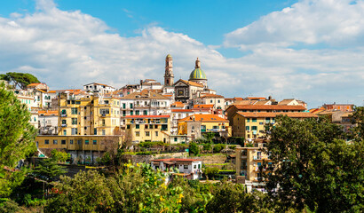 Panoramic view of the city of Vietri sul Mare. Residential buildings and a church. The Amalfi coast of Italy