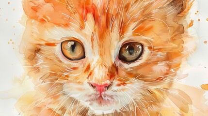 Watercolor close-up of a fluffy orange kitten with bright amber eyes, vibrant oil-painted strokes bringing out its playful charm