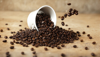 Naklejka premium Coffee beans spill from white cup