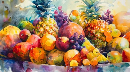 Watercolor close-up of a fruit bowl filled with tropical fruits like pineapples, mangoes, and papayas, painted with vibrant hues