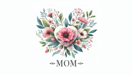 Design of a floral heart and the word MOM in watercolor, isolated on a white background with copy space to add text - Printable gift card for mothers