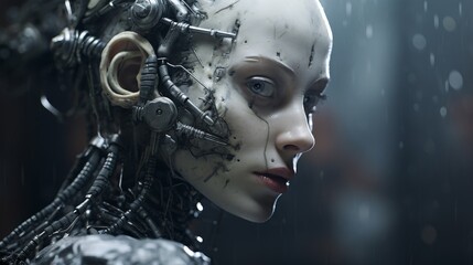 Futuristic cyborg face with mechanical implants