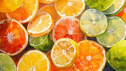 Watercolor oil painting of vibrant oranges and limes in a cute, close-up arrangement, their peels and segments shining with bright colors