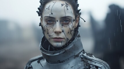 Futuristic cyborg woman with wires on face
