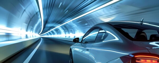 White electric car passing through a tunnel with futuristic neon lights