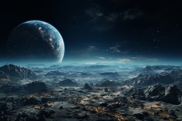 Alien landscape with large moon in night sky