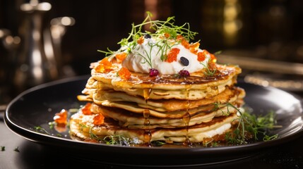 Delicious stack of pancakes with whipped cream and garnishes