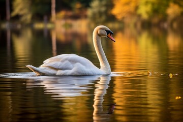 Graceful swan swimming in golden sunset waters