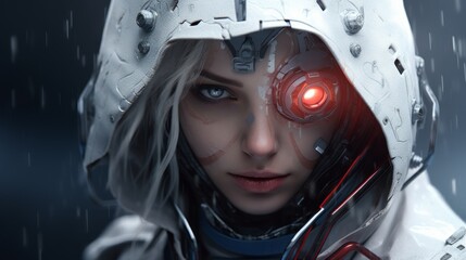 futuristic female cyborg with glowing red eye