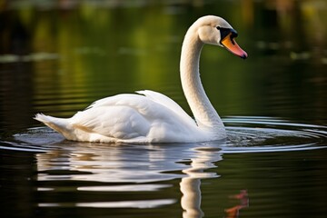 Fototapeta premium Elegant white swan swimming in a tranquil pond