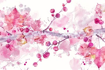 Watercolor seamless background with a pattern of leaves, abstract, decorative branches of birch, linden. Watercolor drawing, bunch of berries, mountain ash, elderberry, viburnum.Abstract pink splash