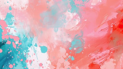 Abstract art with lively wet brush strokes and spots in coral pink and aqua blue