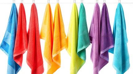 Hanged colorful towels in a round chrome towel holder. Isolated white background.  Hand towel. Bath towel. Hand Towel.,on white background
