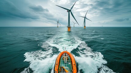 A man observes wind turbines on a boat amidst the vast ocean, with the sky, clouds, and water blending harmoniously. AIG41