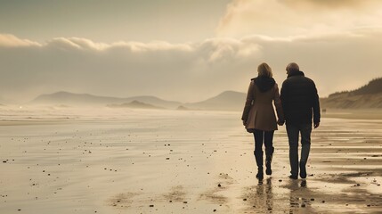 Mature couple walking along beach, hand in hand, rear view - Powered by Adobe