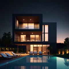 Modern House 3D Night Model