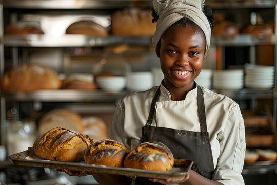 professional african amerikan women chef in uniform holding baking tray with fresh buns, cook standing in commercial kitchen. small bisiness