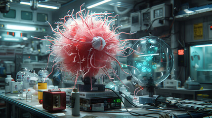 Futuristic laboratory experiment with a vivid, complex neural structure in a high-tech scientific research environment.
