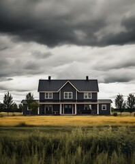 Obraz premium A dark and moody rural house under a stormy sky, set against a backdrop of overgrown fields, dramatic, atmospheric feeling, with heavy clouds looming overhead